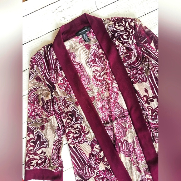 R&M Richard's Luxury Wine/Plum Sheer Lace Floral Open Cardigan Flowy Top Size 12 - Picture 9 of 14